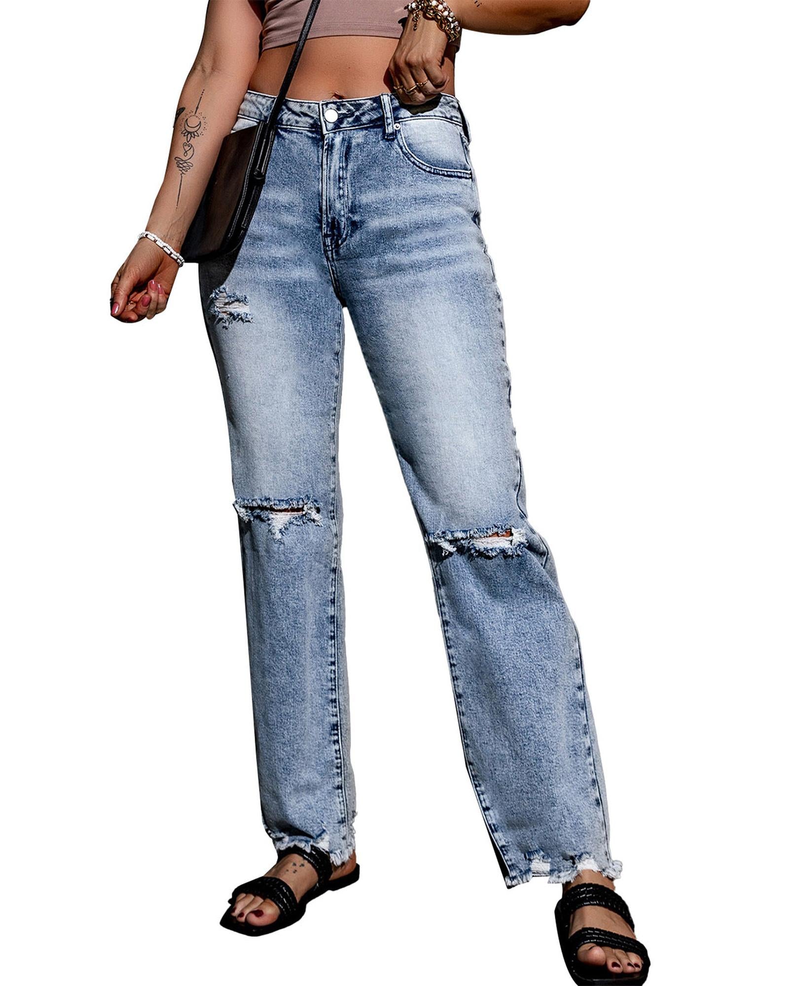 Azura Exchange Wide Leg High Waist Jeans with Ripped Details - 12 US