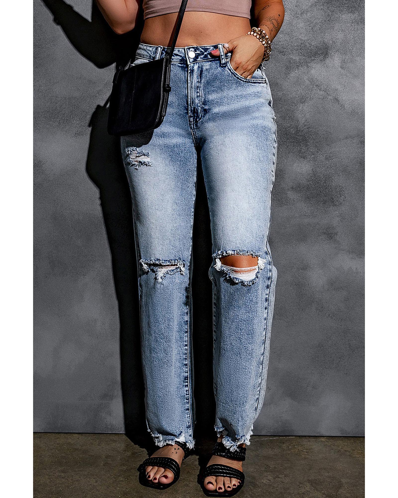 Azura Exchange Wide Leg High Waist Jeans with Ripped Details - 12 US