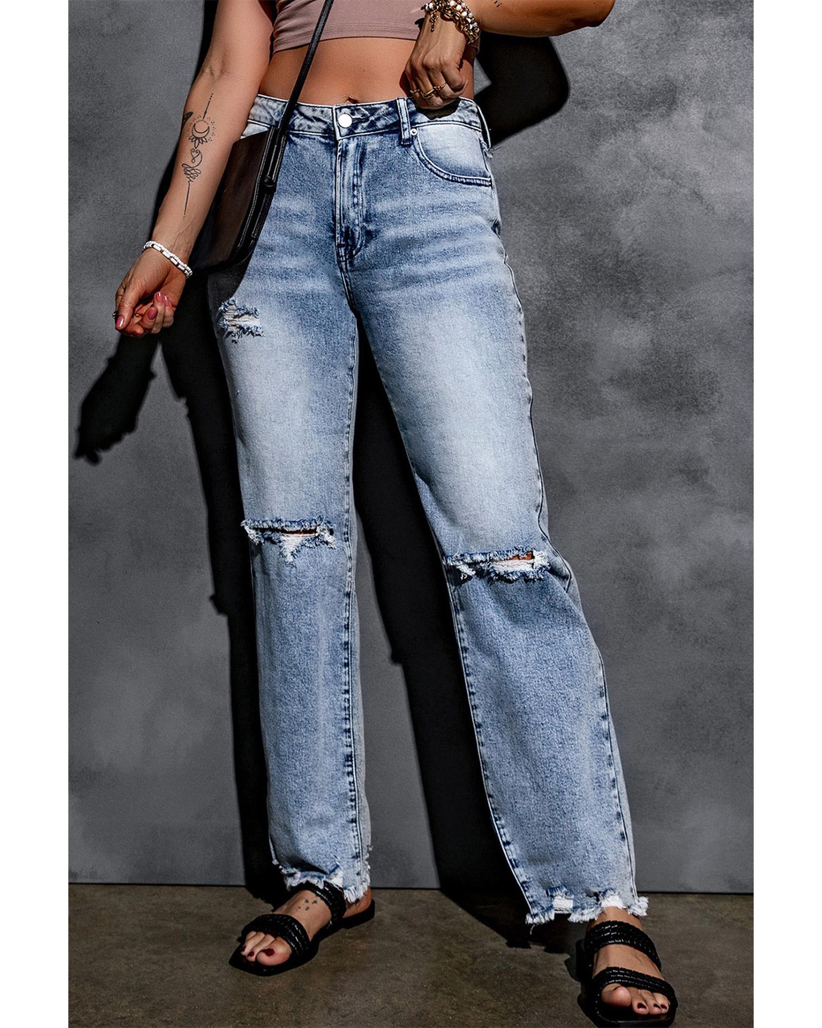 Azura Exchange Wide Leg High Waist Jeans with Ripped Details - 16 US