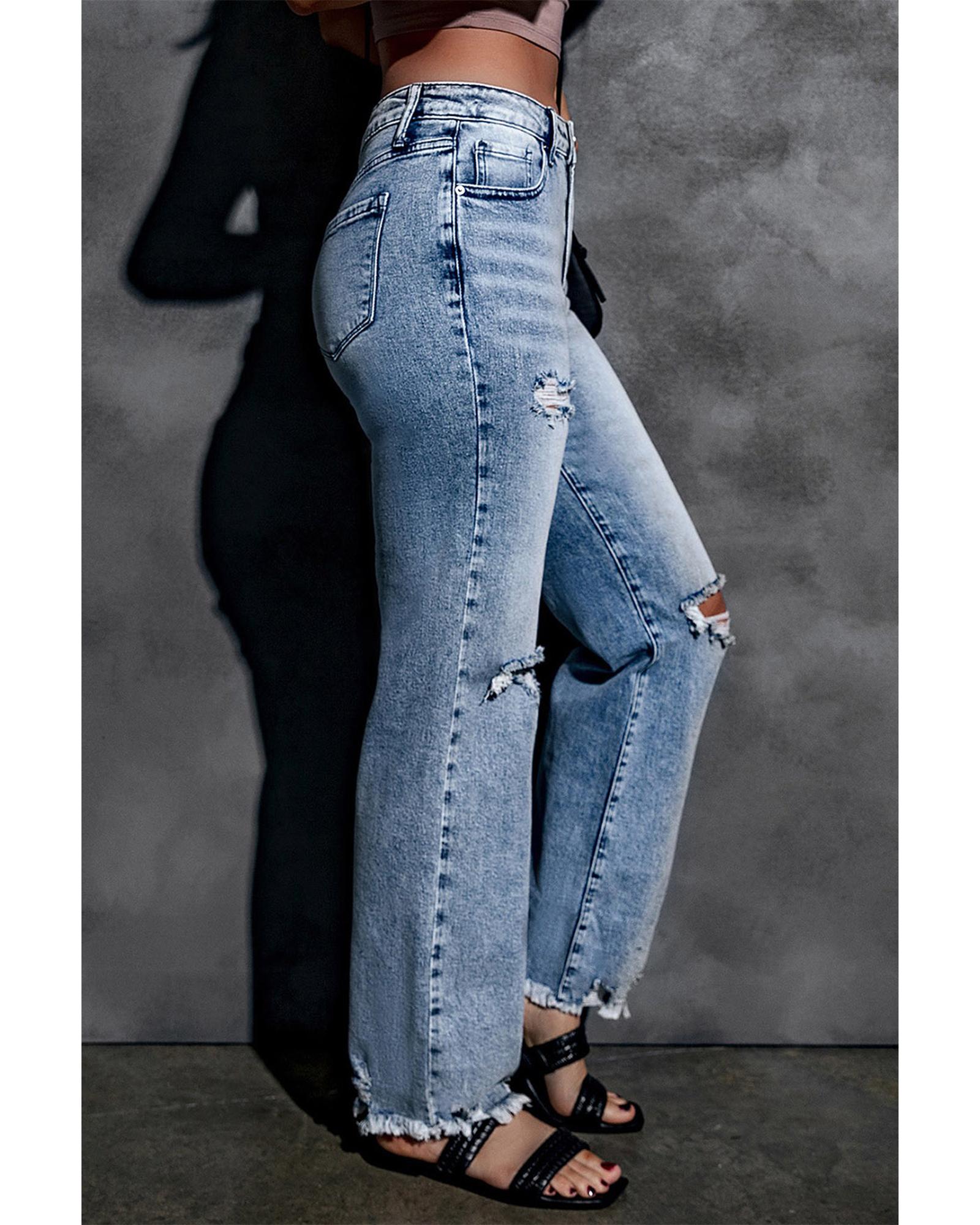 Azura Exchange Wide Leg High Waist Jeans with Ripped Details - 16 US