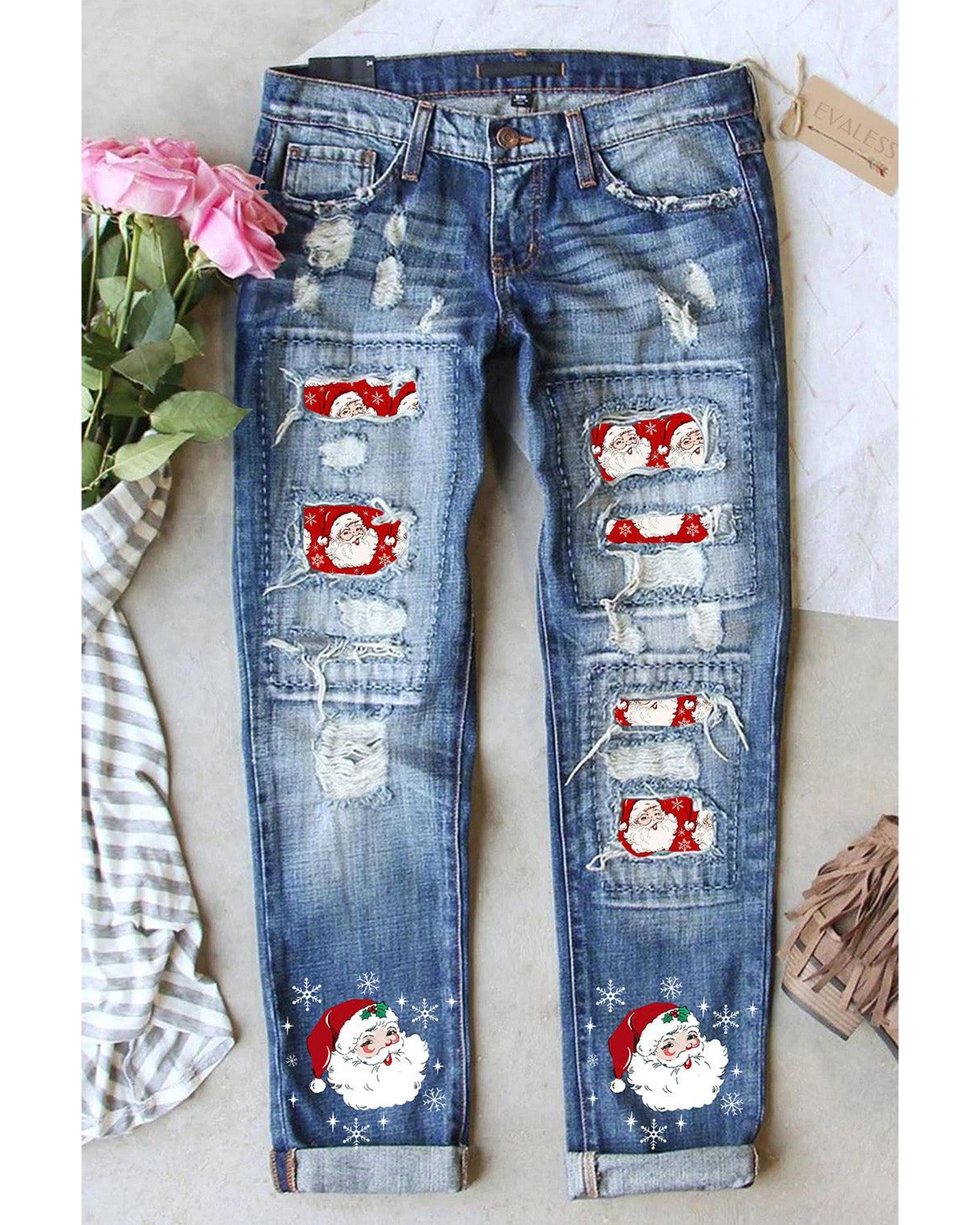 Azura Exchange Santa Claus Patchwork Distressed Boyfriend Jeans - 14 US