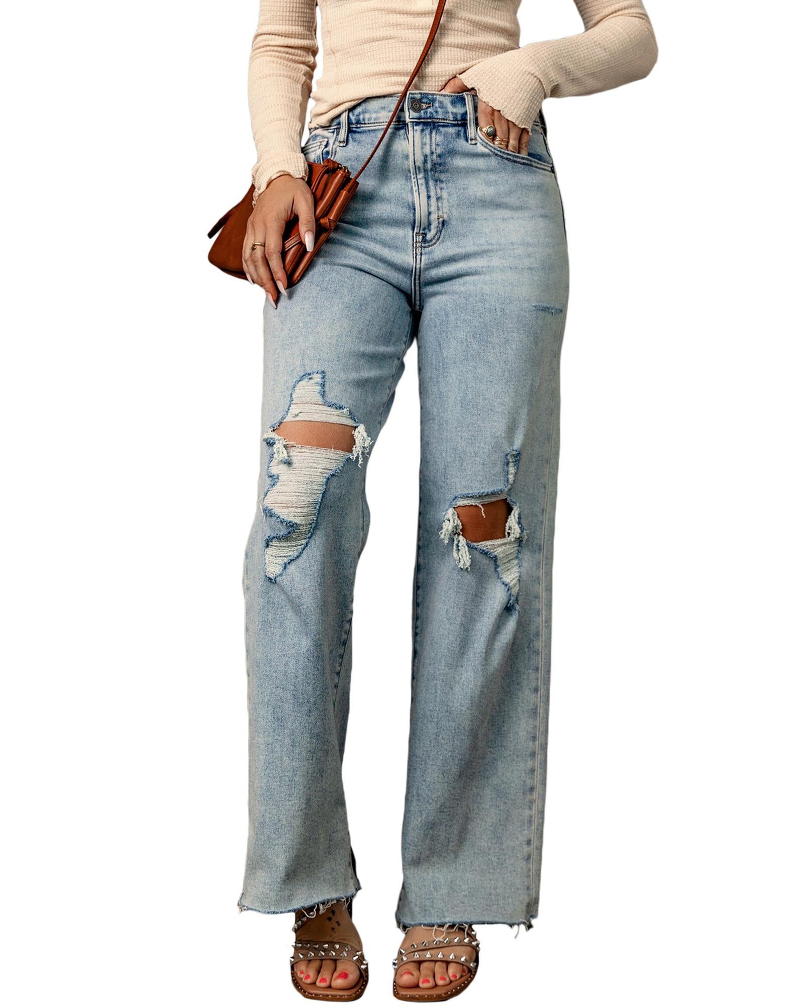 Azura Exchange Distressed Straight Leg Jeans with Frayed Hem - 8 US