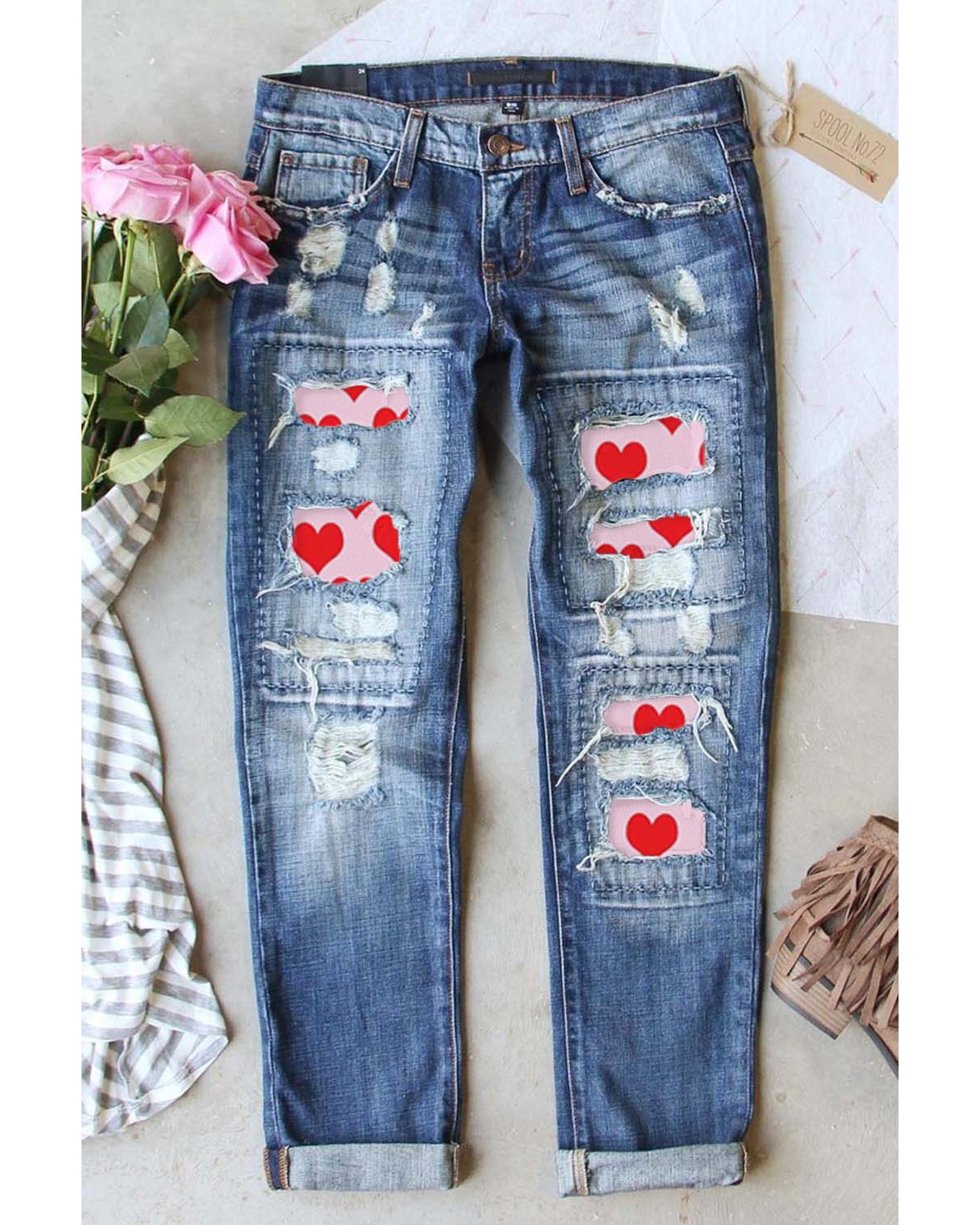 Azura Exchange Heart Patchwork Distressed Jeans - 14 US