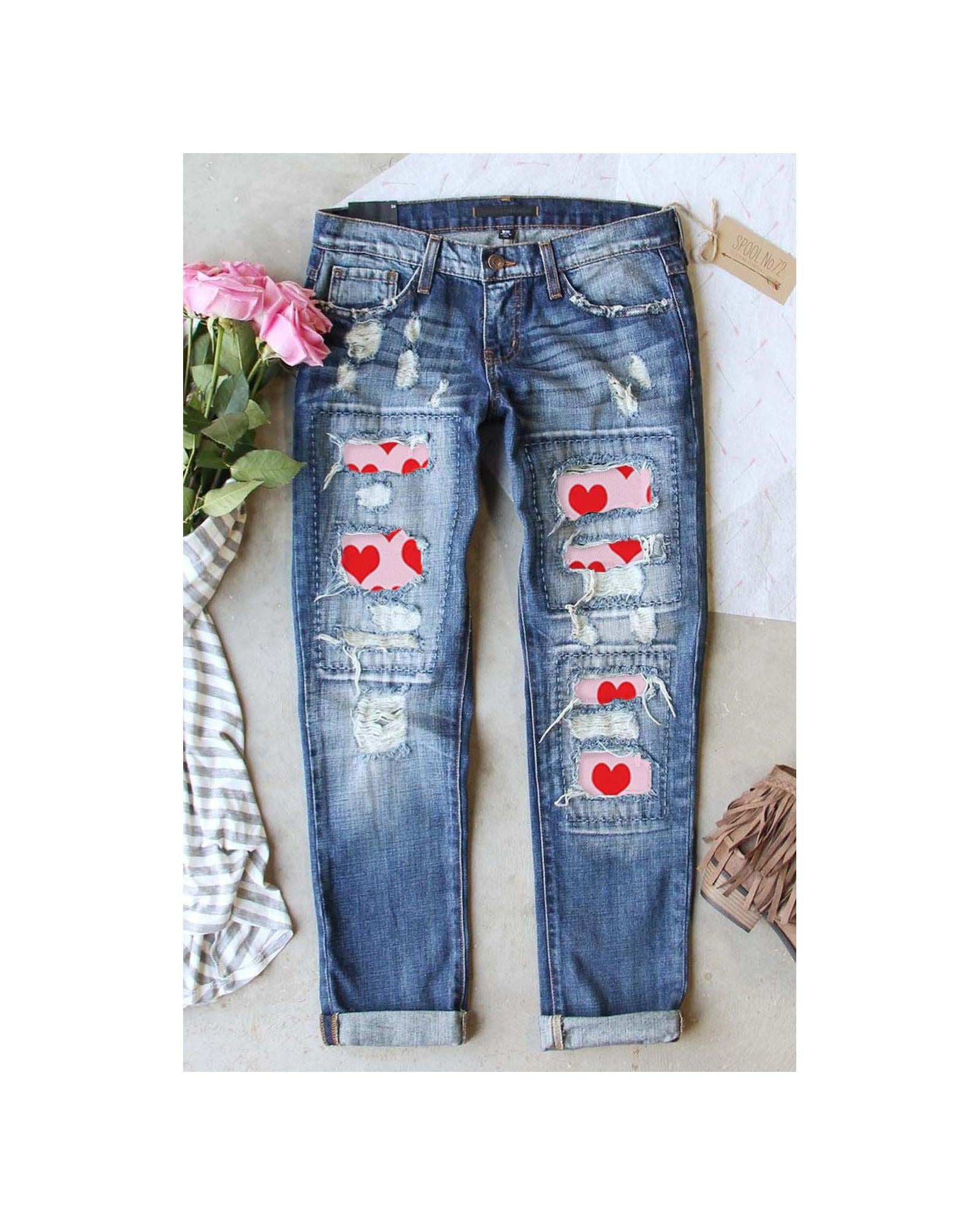 Azura Exchange Heart Patchwork Distressed Jeans - 18 US