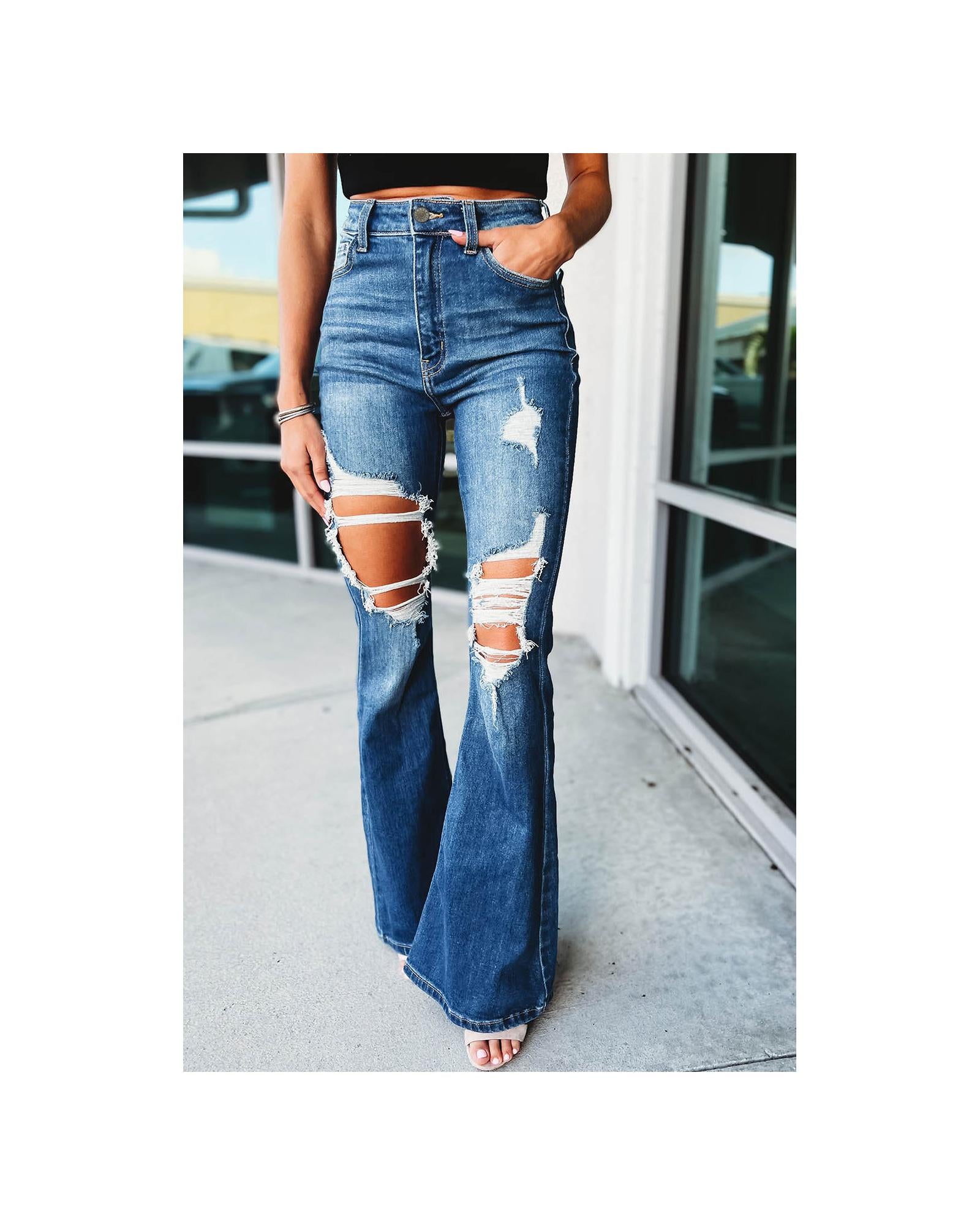 Azura Exchange Distressed Cutout Flare Leg Jeans - 16 US