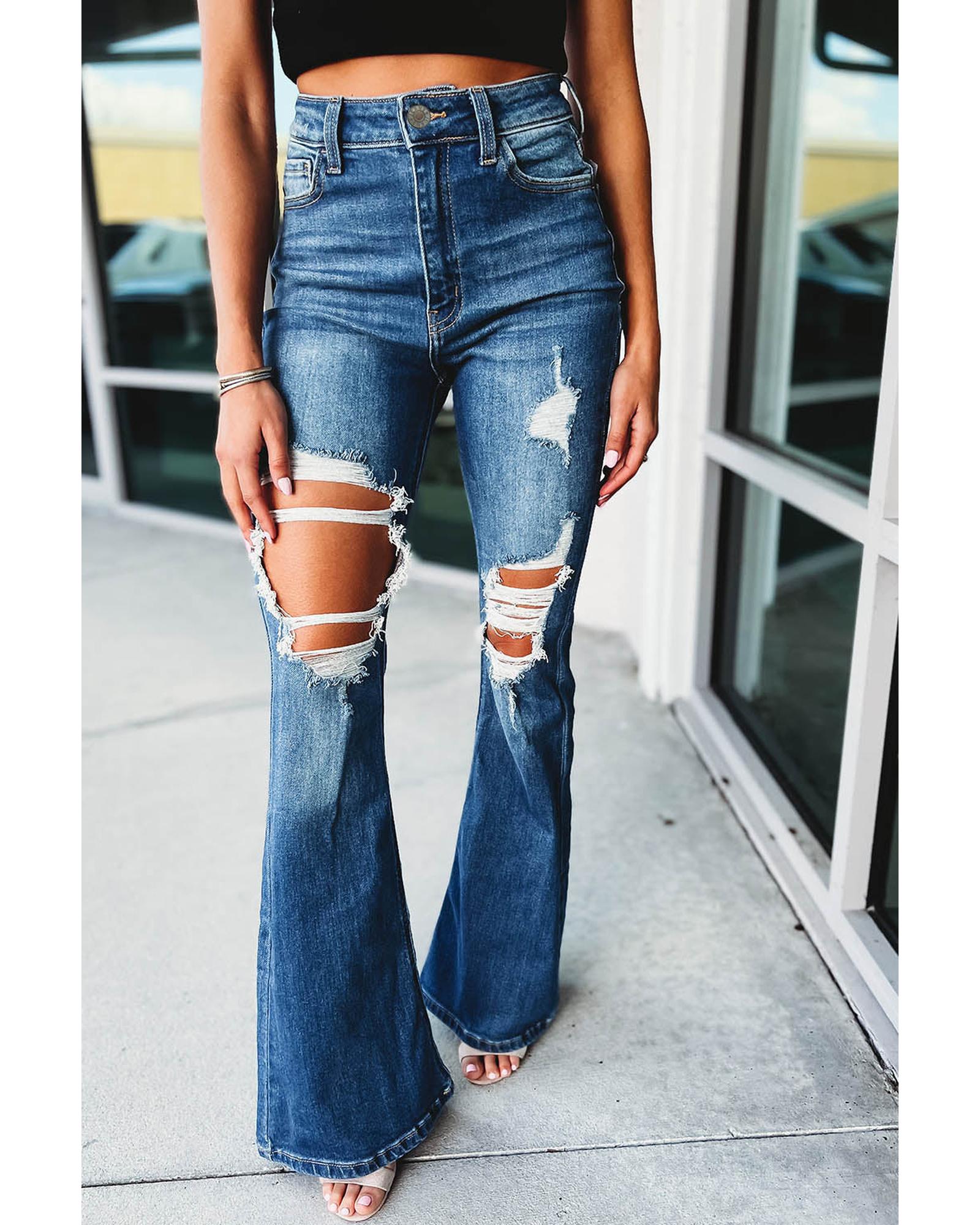 Azura Exchange Distressed Cutout Flare Leg Jeans - 6 US