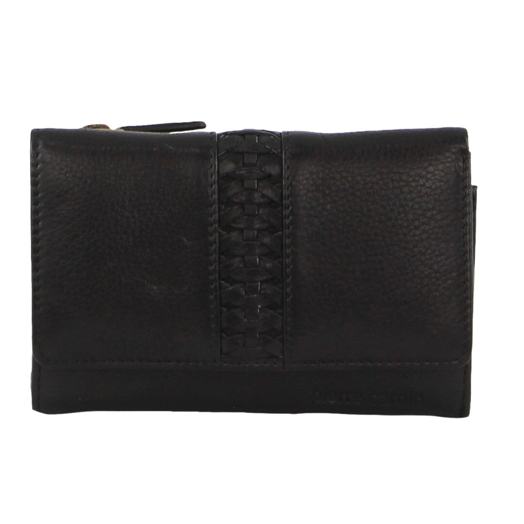 Pierre Cardin Leather Ladies Woven Design Tri-fold RFID Wallet in Black - SILBERSHELL