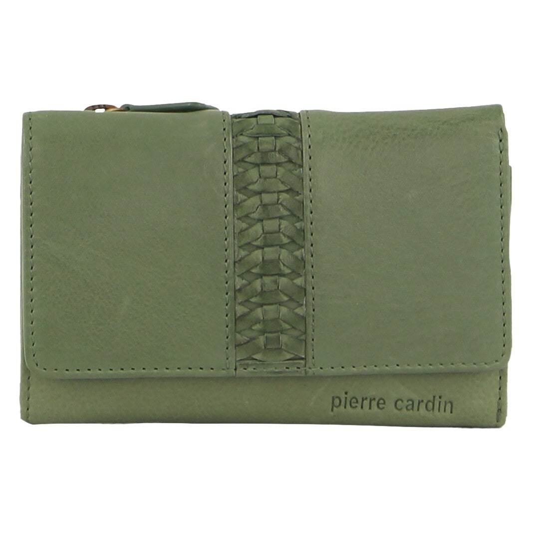 Pierre Cardin Leather Ladies Woven Design Tri-fold Wallet in Leaf Green - SILBERSHELL