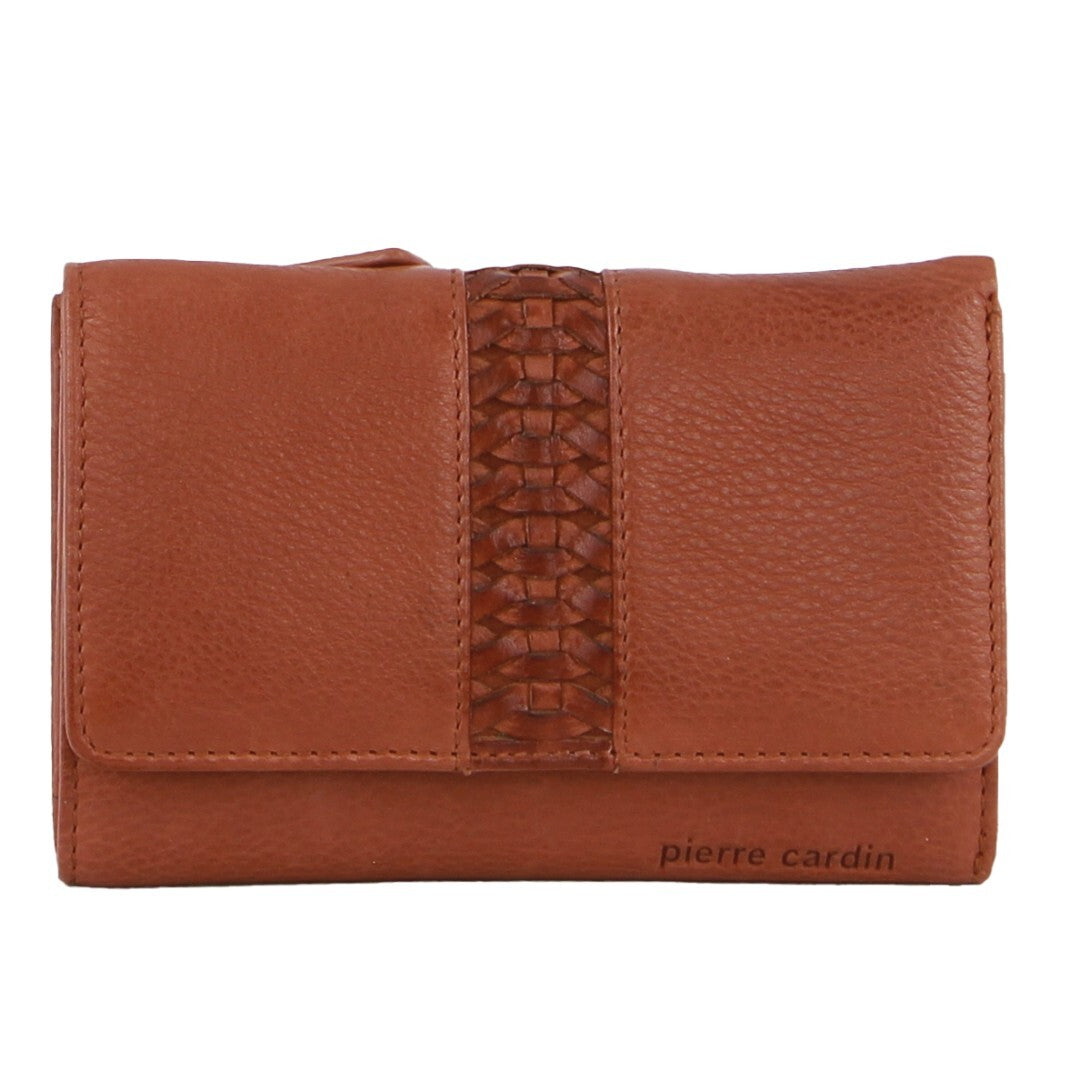Pierre Cardin Leather Ladies Woven Design Tri-Fold Wallet in Tan - SILBERSHELL