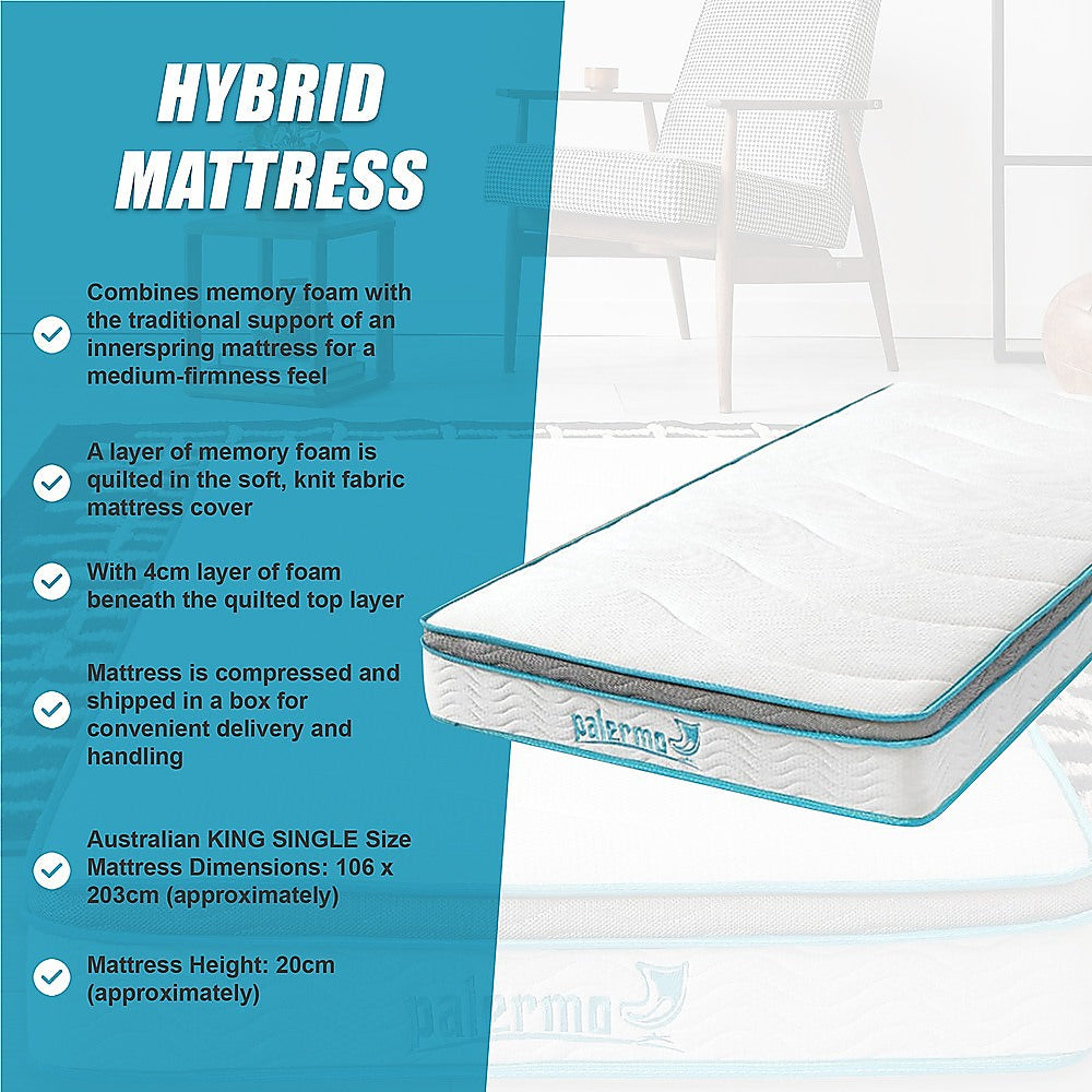 Palermo King Single 20cm Memory Foam and Innerspring Hybrid Mattress