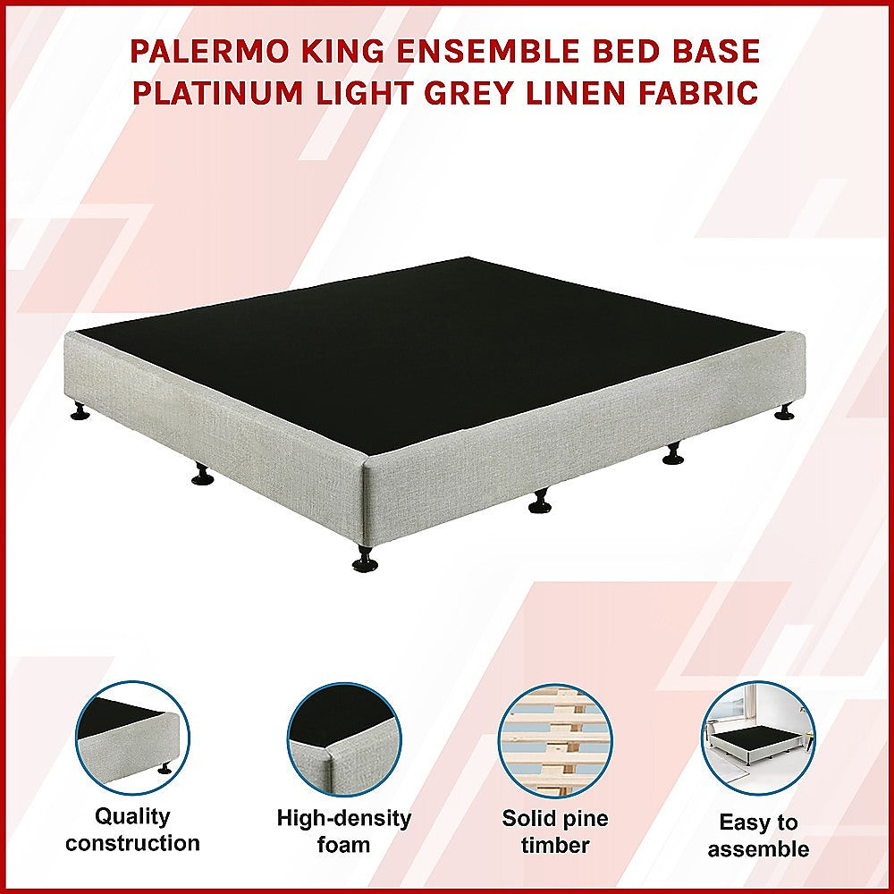 Palermo King Ensemble Bed Base Platinum Light Grey Linen Fabric