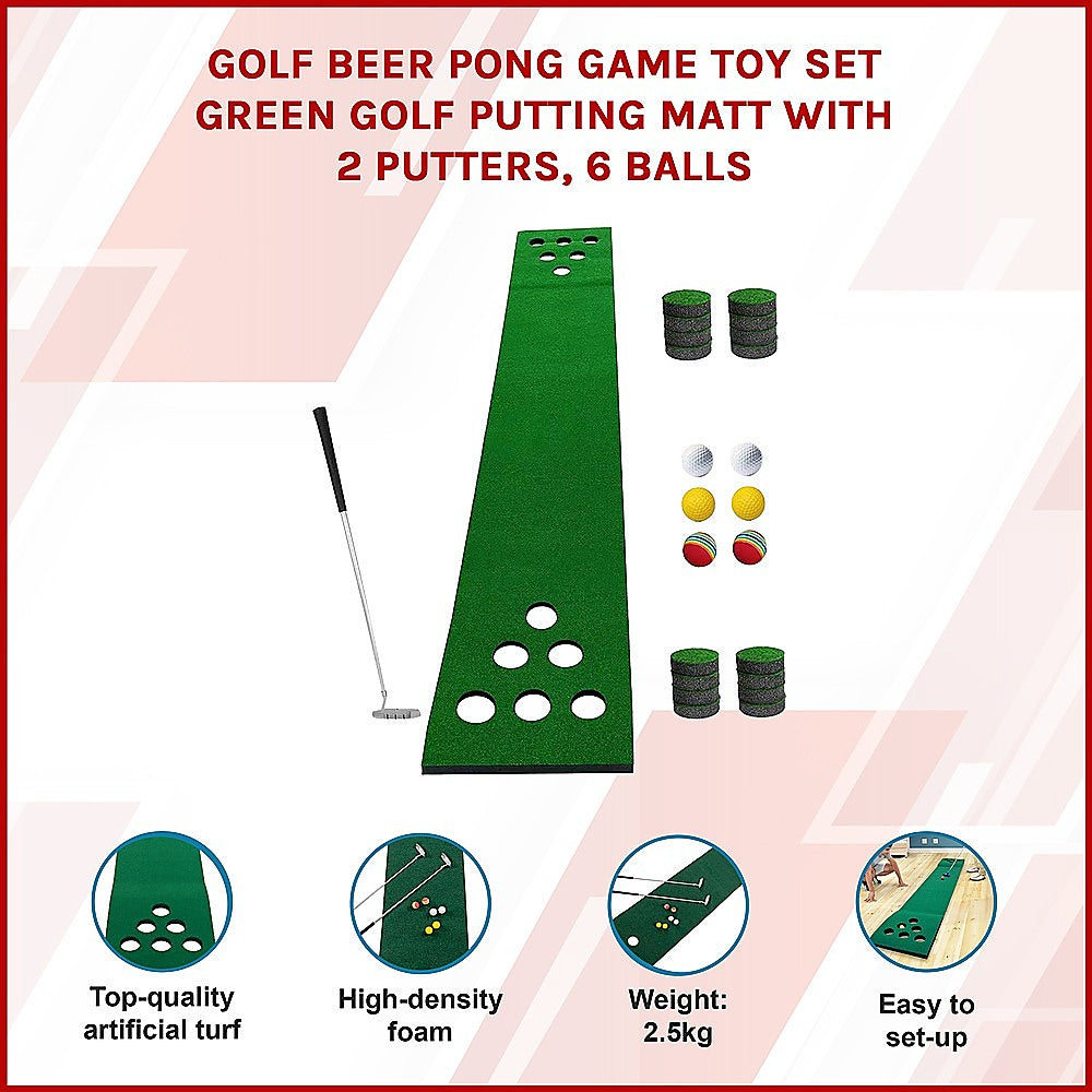 Golf Beer Pong Game Toy Set Green Golf Putting Matt with 2 Putters, 6 Balls