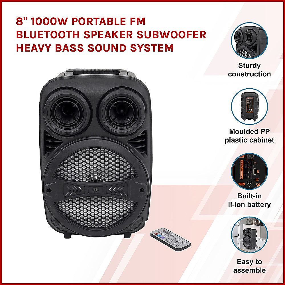 8" 1000W Portable FM Bluetooth Speaker Subwoofer Heavy Bass Sound System - SILBERSHELL