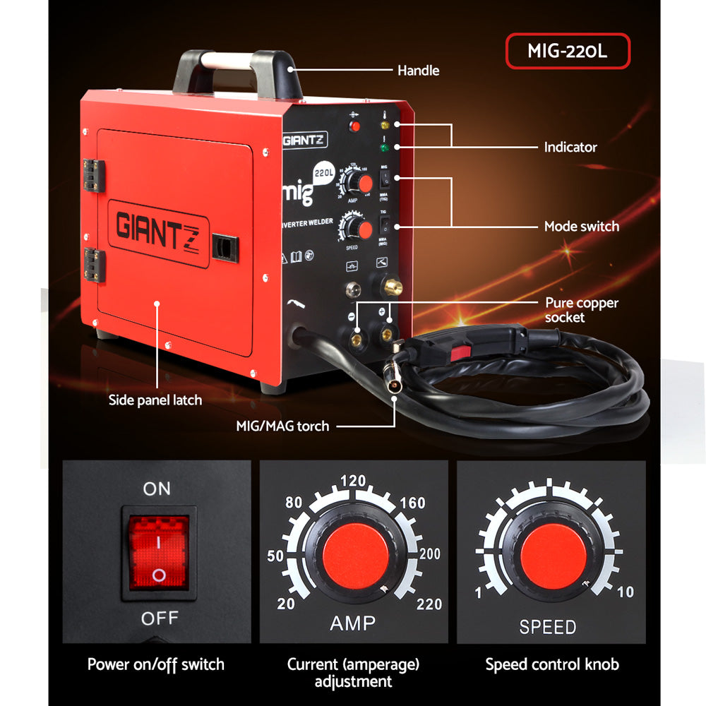 Giantz 220 Amp Inverter Welder MMA MIG DC Gas Gasless Welding Machine Portable - SILBERSHELL