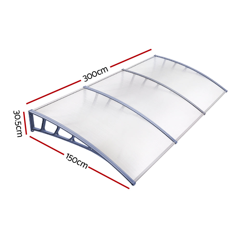 Instahut Window Door Awning Canopy 1.5mx3m Transparent Sheet Grey Plastic Frame - SILBERSHELL
