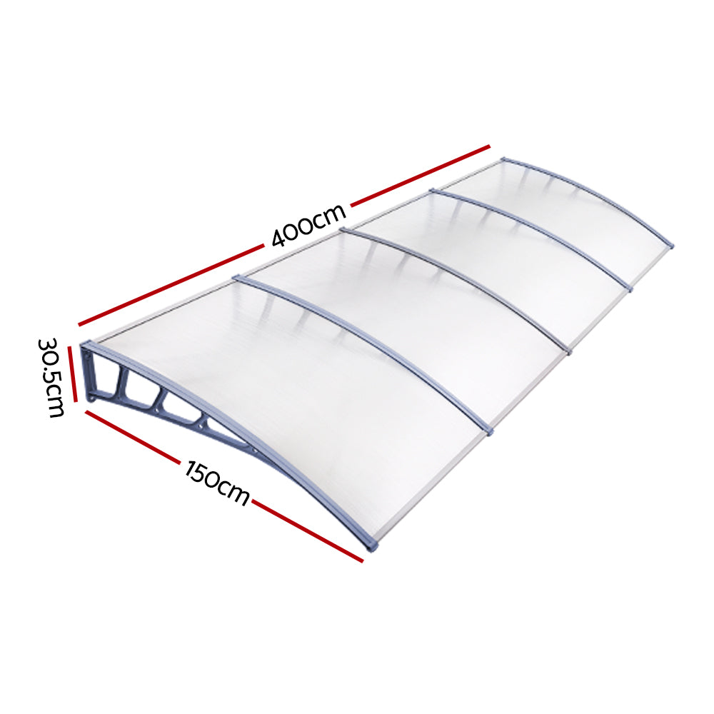 Instahut Window Door Awning Canopy 1.5mx4m Transparent Sheet Grey Plastic Frame - SILBERSHELL