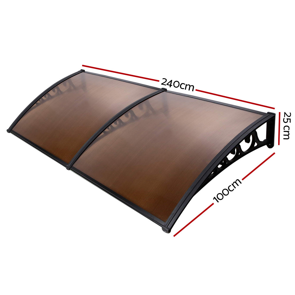 Instahut Window Door Awning 1mx2.4m Brown Hollow Sheet Plastic Frame - SILBERSHELL