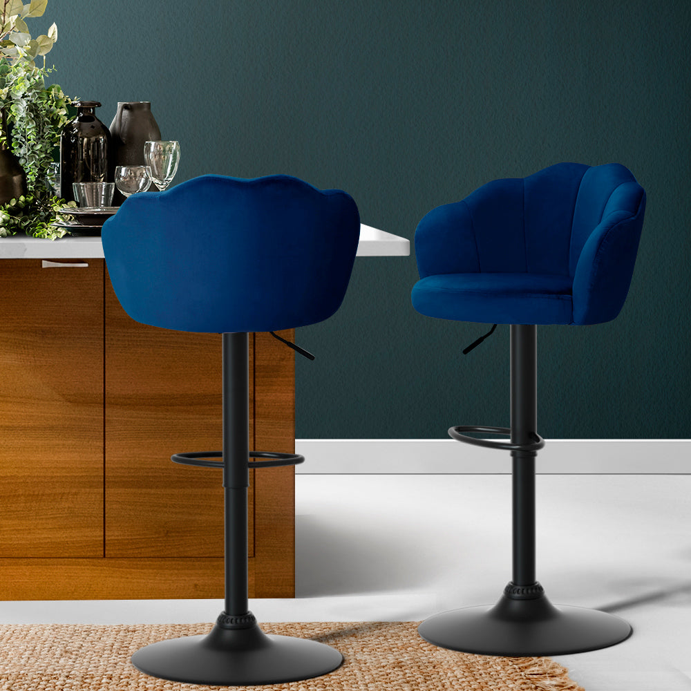 Artiss Set of 2 Bar Stools Kitchen Stool Swivel Chair Gas Lift Velvet Chairs Blue Nessah - SILBERSHELL