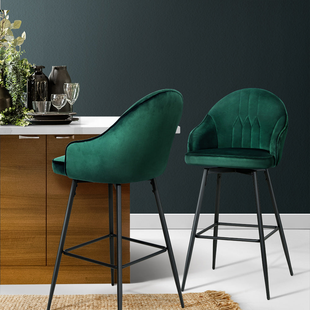 Artiss Set of 2 Bar Stools Kitchen Stool Dining Chairs Velvet Chair Barstool Green Mesial - SILBERSHELL