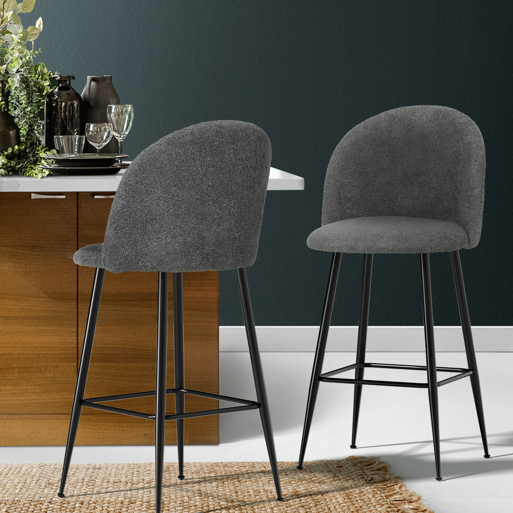 Artiss Set of 2 Bar Stools Kitchen Dining Chair Stool Chairs Sherpa Boucle Charcoal - SILBERSHELL