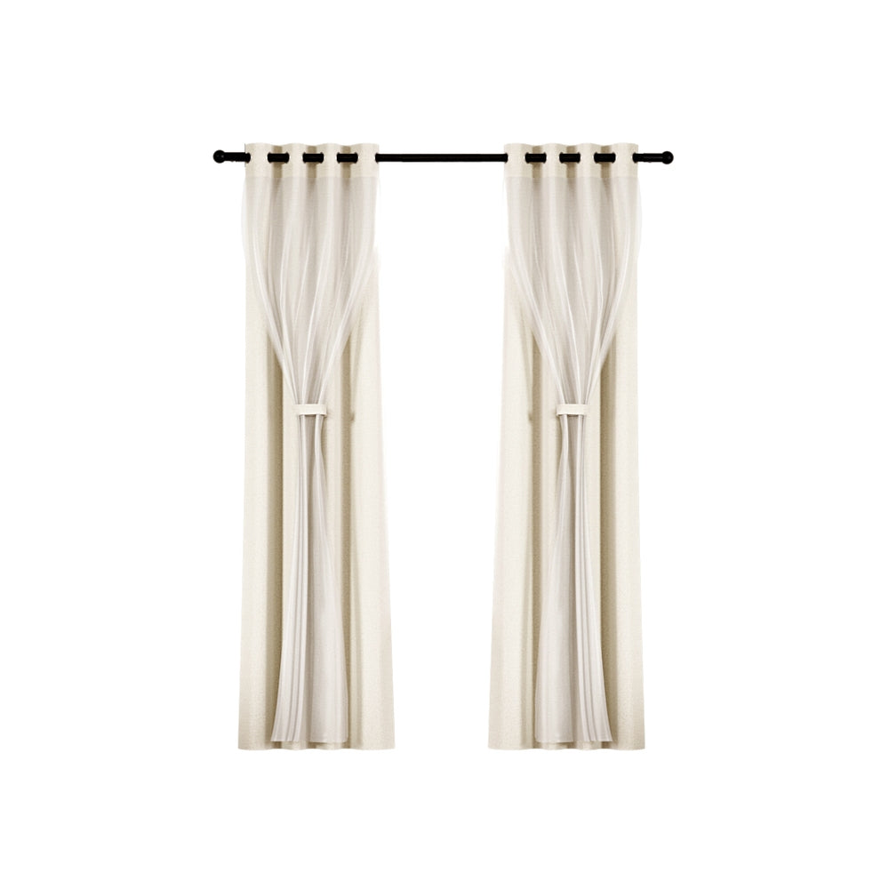 Artiss 2X 132x160cm Blockout Sheer Curtains Beige - SILBERSHELL