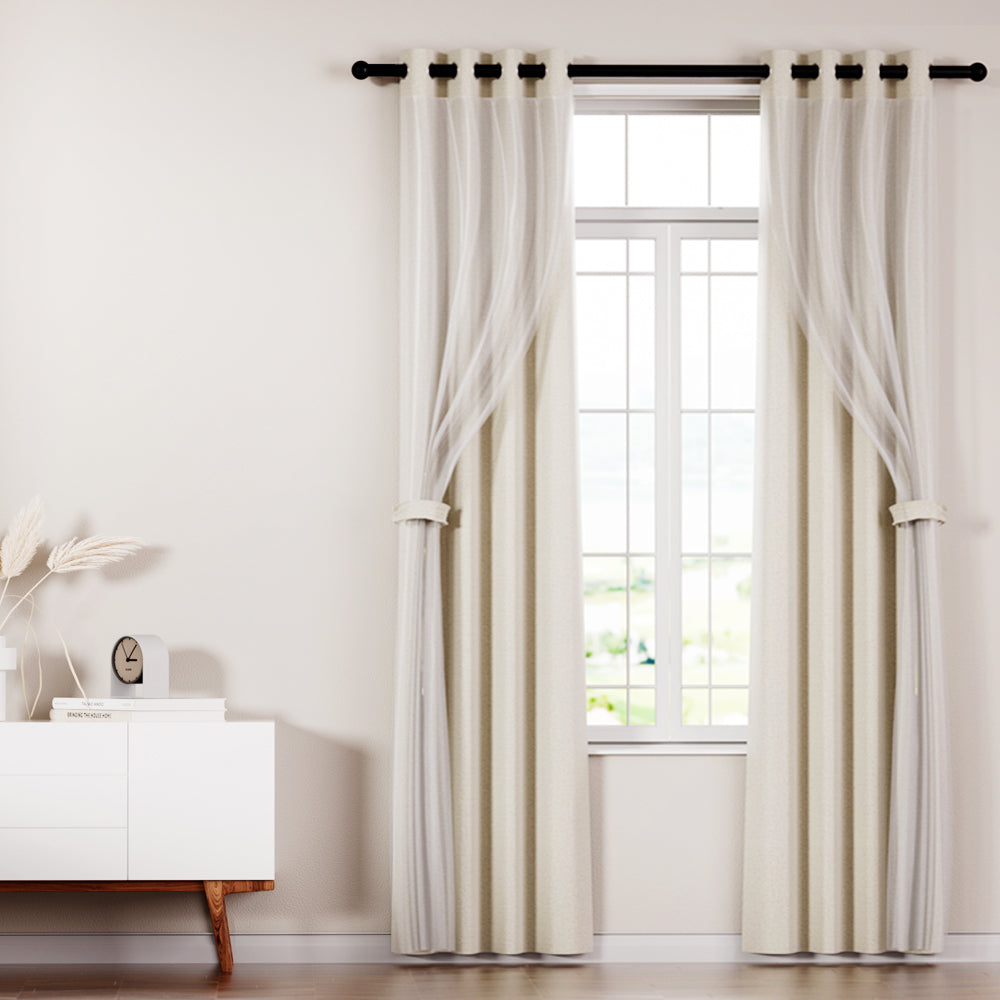 Artiss 2X 132x160cm Blockout Sheer Curtains Beige - SILBERSHELL