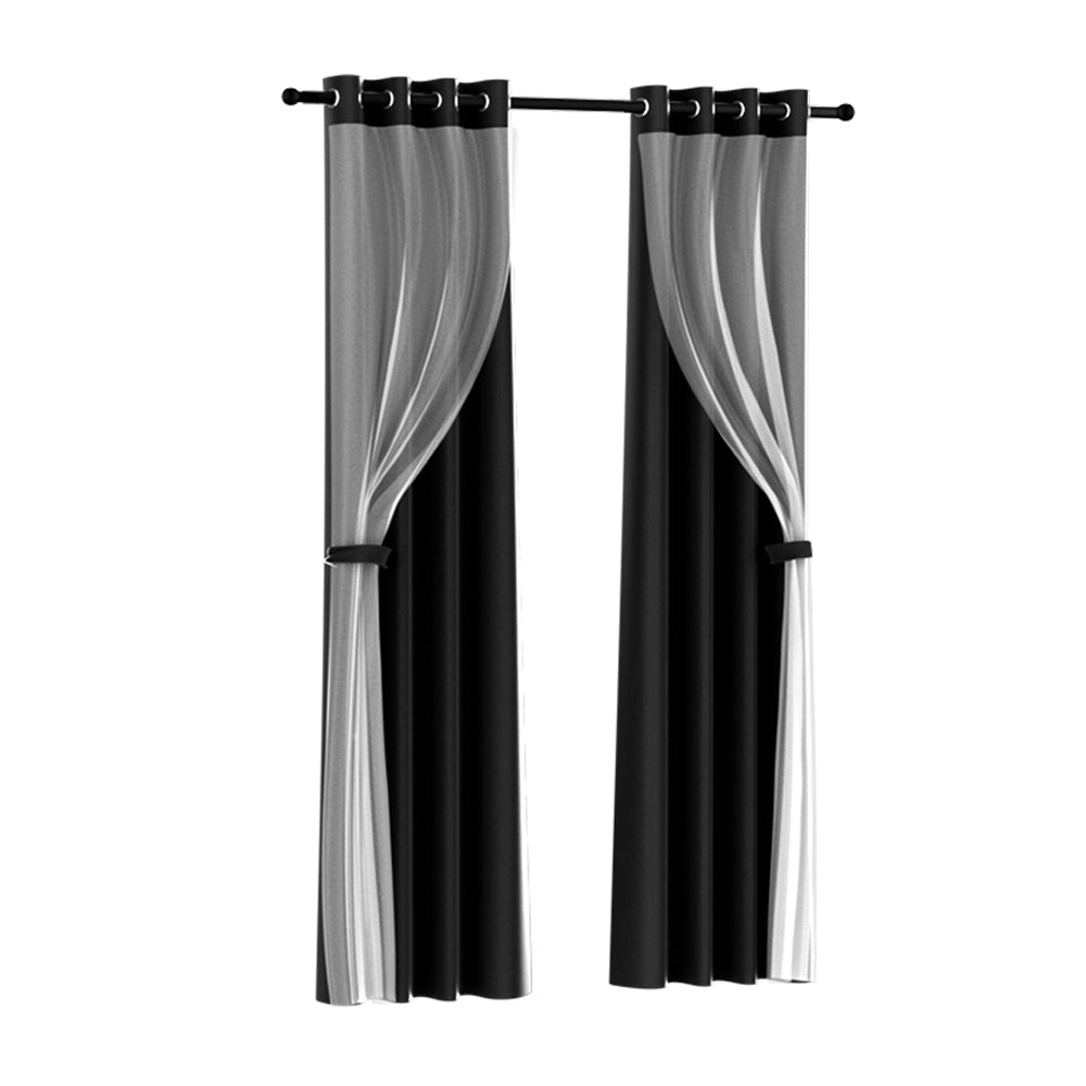 Artiss 2X 132x160cm Blockout Sheer Curtains Black - SILBERSHELL