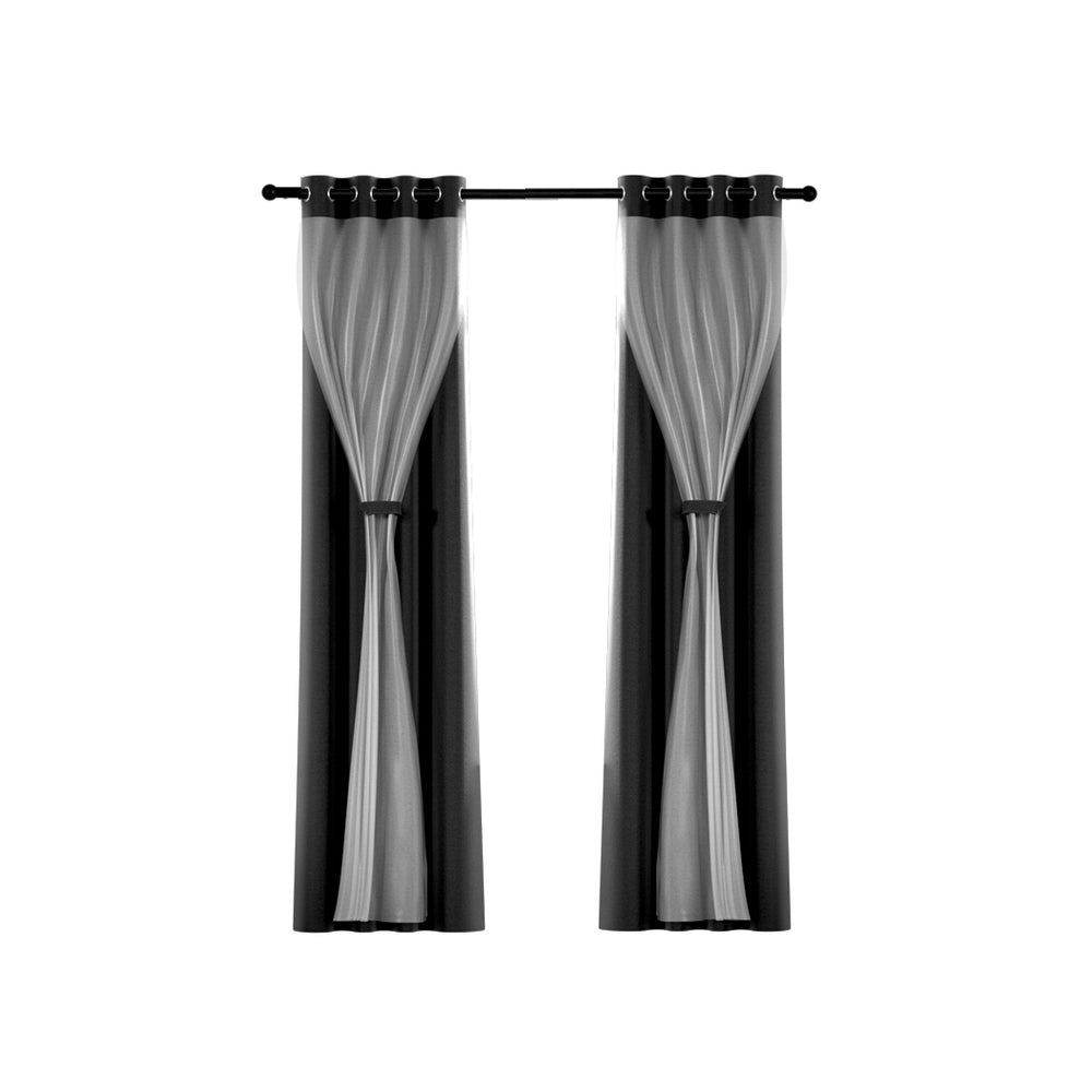 Artiss 2X 132x160cm Blockout Sheer Curtains Black - SILBERSHELL