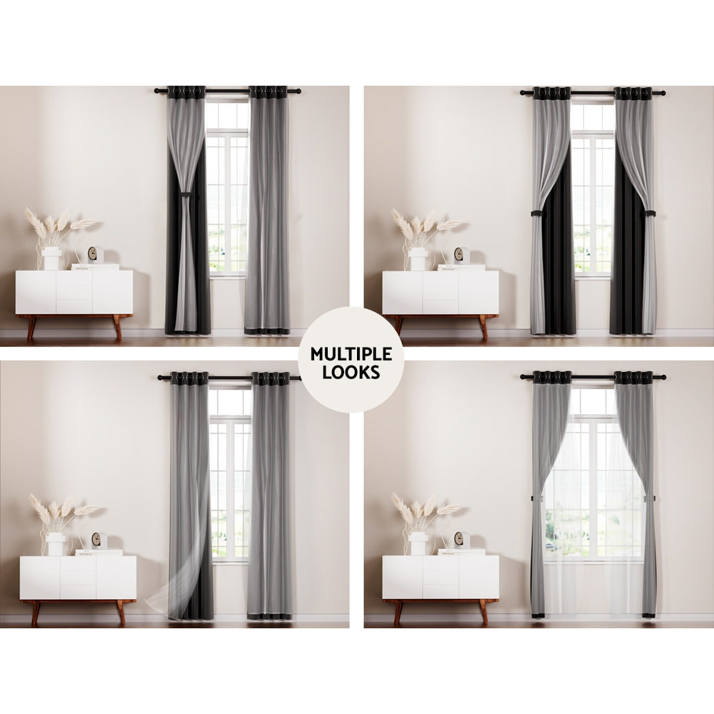 Artiss 2X 132x160cm Blockout Sheer Curtains Black - SILBERSHELL