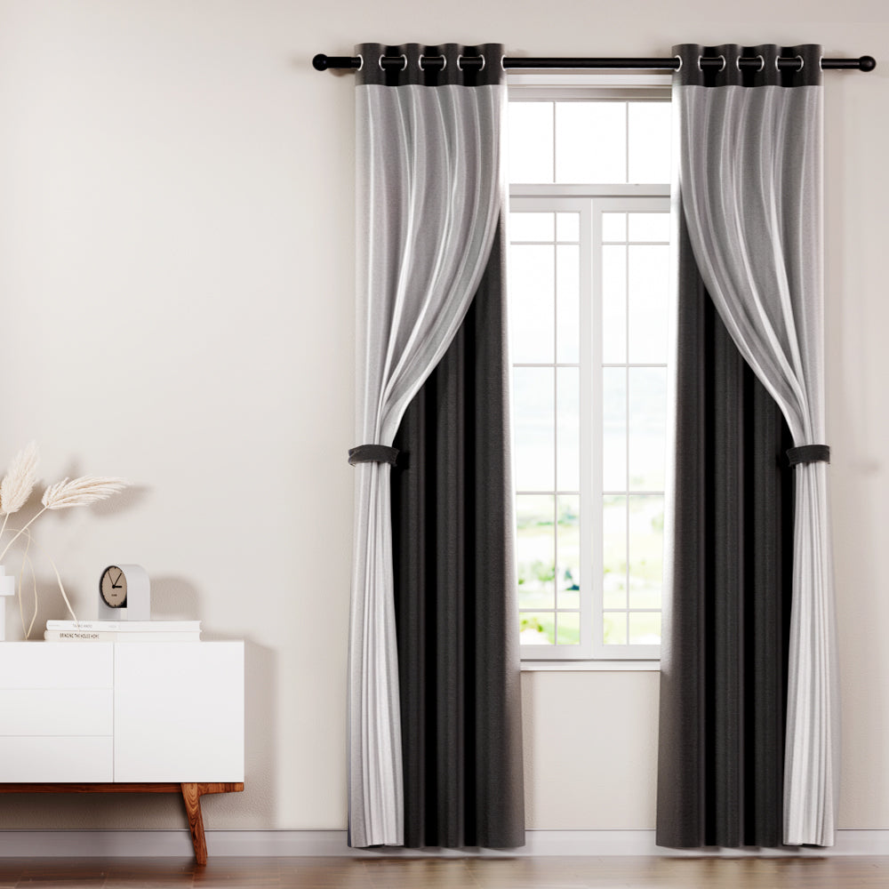 Artiss 2X 132x160cm Blockout Sheer Curtains Black - SILBERSHELL