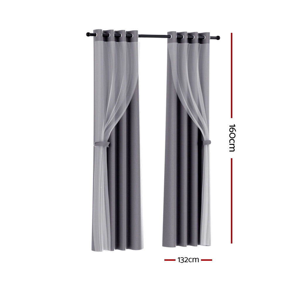 Artiss 2X 132x160cm Blockout Sheer Curtains Charcoal - SILBERSHELL