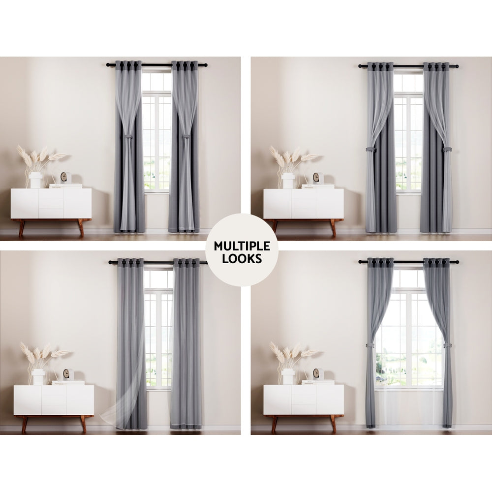 Artiss 2X 132x160cm Blockout Sheer Curtains Charcoal - SILBERSHELL