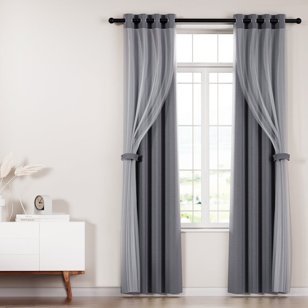 Artiss 2X 132x160cm Blockout Sheer Curtains Charcoal - SILBERSHELL