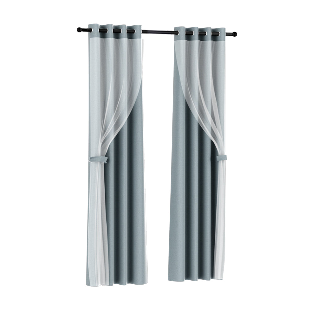 Artiss 2X 132x160cm Blockout Sheer Curtains Light Grey - SILBERSHELL