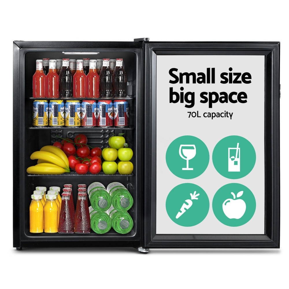 Devanti 70L Bar Fridge Glass Door w/Light Black - SILBERSHELL