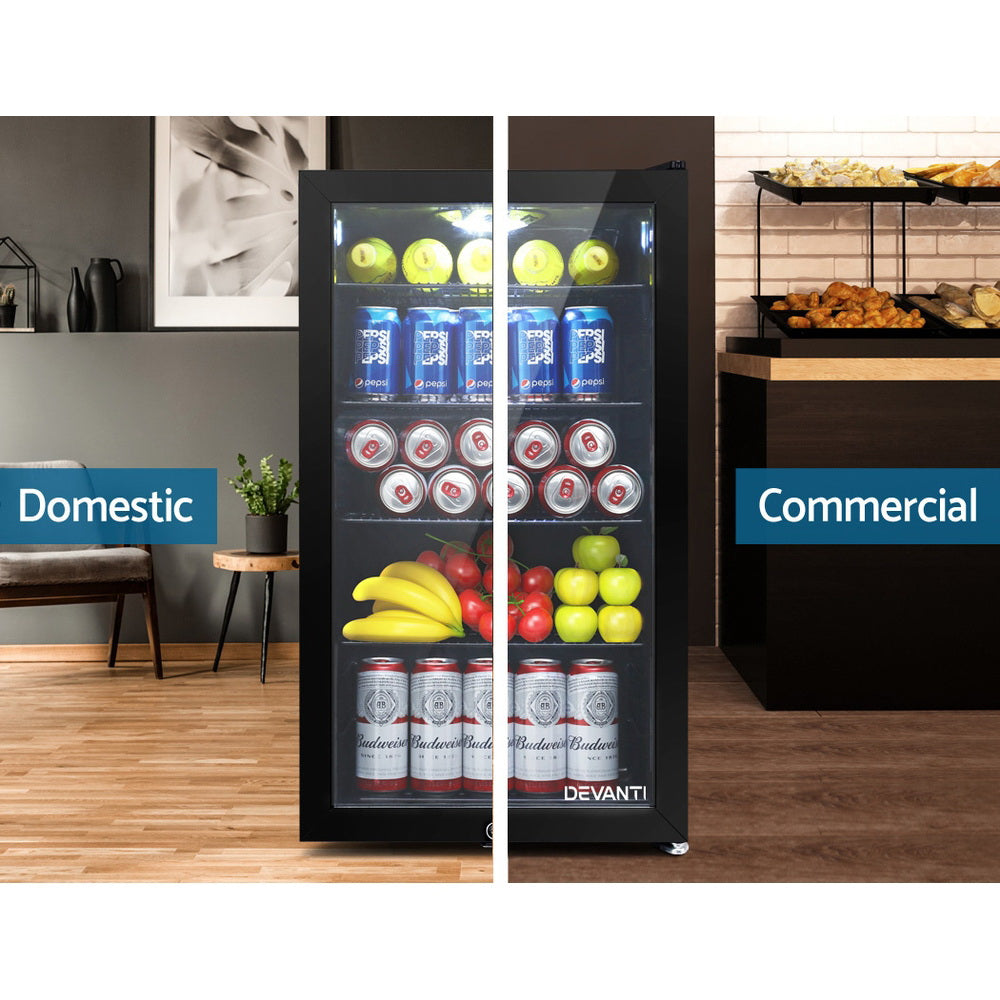 Devanti 98L Bar Fridge Glass Door w/Light Black - SILBERSHELL