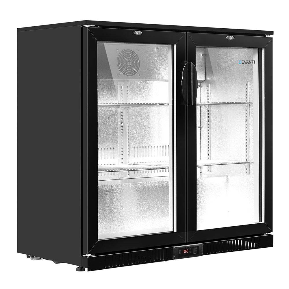 Devanti Bar Fridge 2 Glass Door Commercial Display Freeer Drink Beverage Cooler Black - SILBERSHELL™