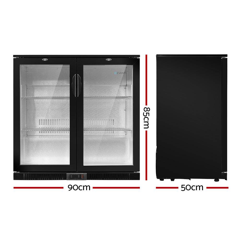 Devanti Bar Fridge 2 Glass Door Commercial Display Freeer Drink Beverage Cooler Black - SILBERSHELL™