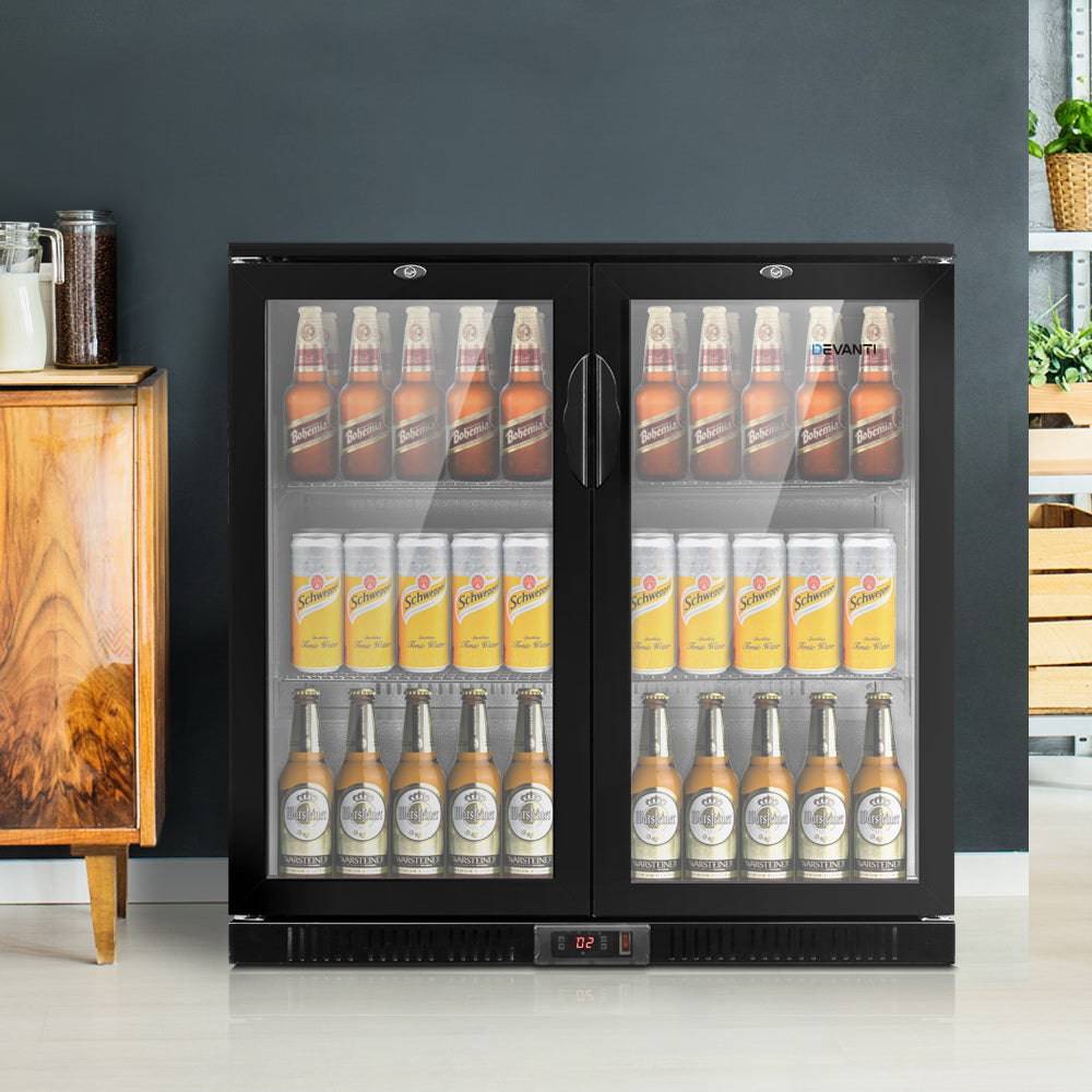 Devanti Bar Fridge 2 Glass Door Commercial Display Freeer Drink Beverage Cooler Black - SILBERSHELL™