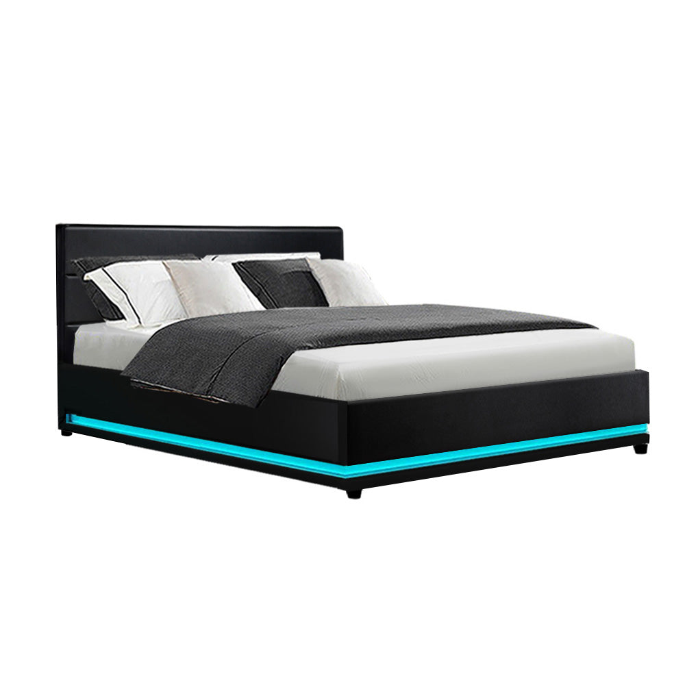 Artiss Bed Frame Double Size LED Gas Lift Black LUMI - SILBERSHELL