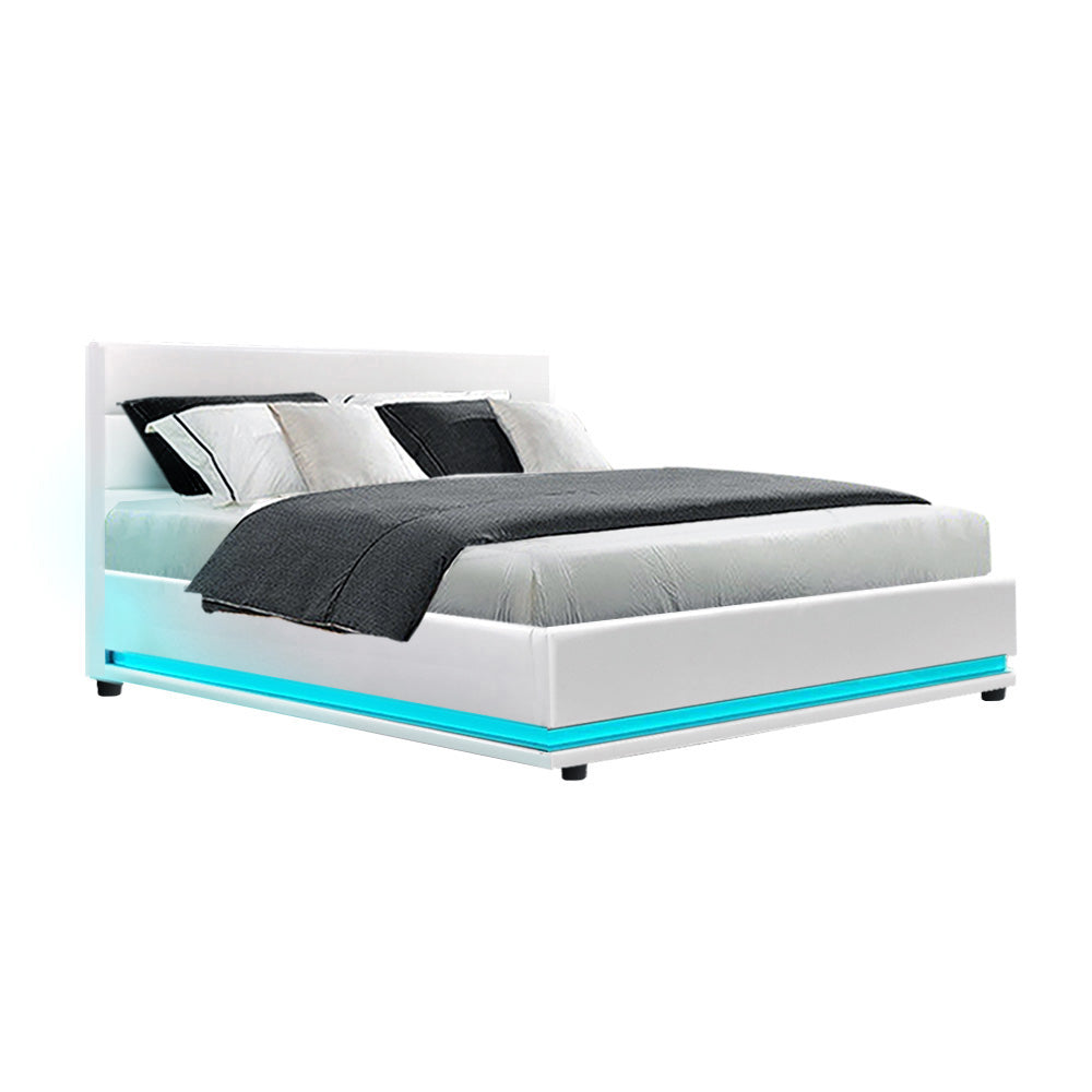 Artiss Bed Frame Double Size LED Gas Lift White LUMI - SILBERSHELL