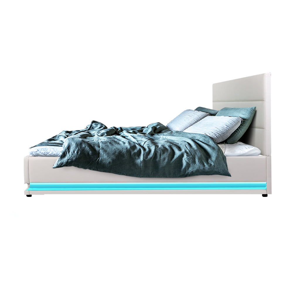 Artiss Bed Frame Double Size LED Gas Lift White LUMI - SILBERSHELL