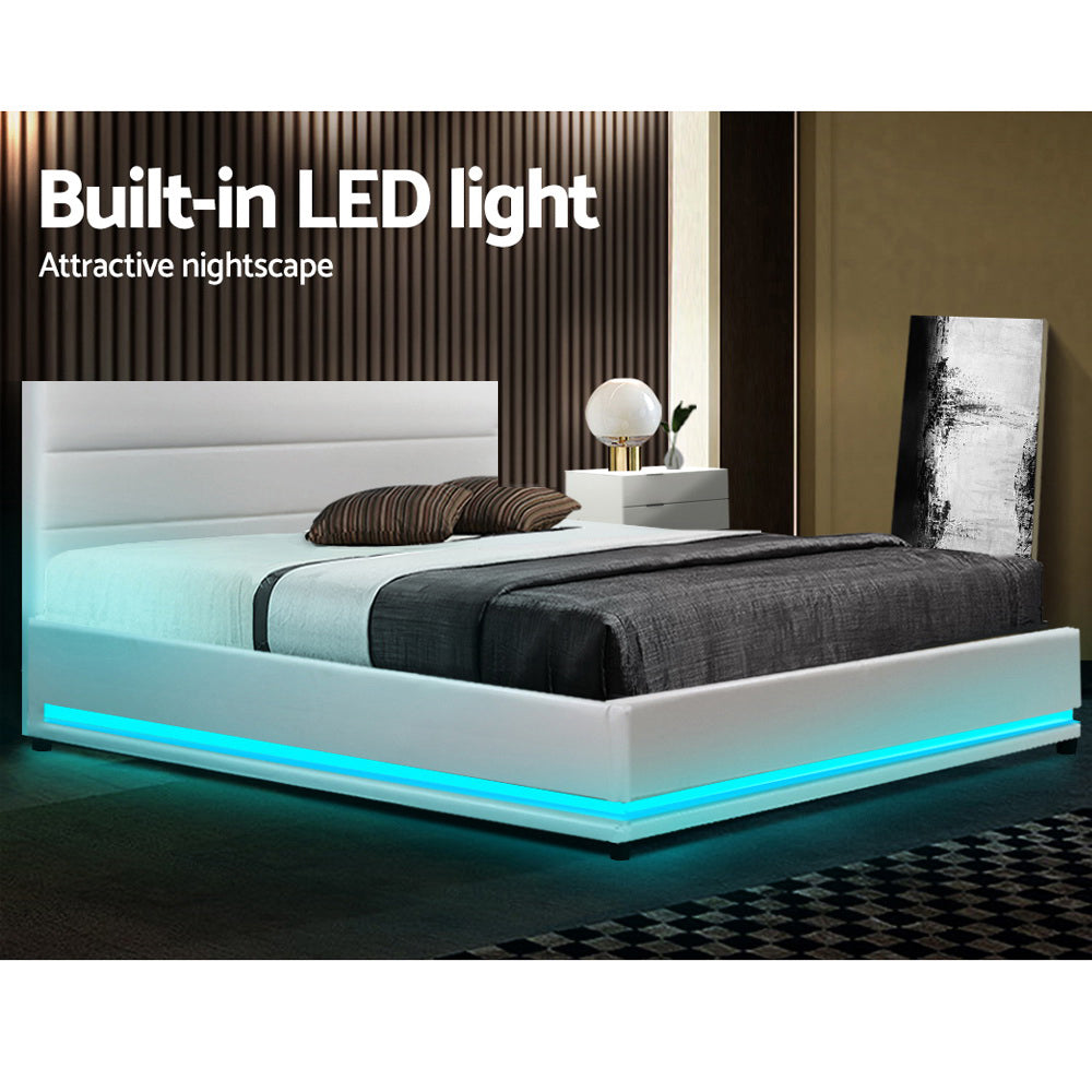 Artiss Bed Frame Double Size LED Gas Lift White LUMI - SILBERSHELL