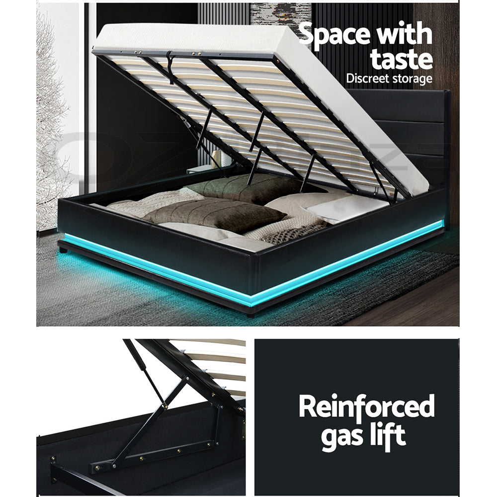 Artiss Bed Frame King Size LED Gas Lift Black LUMI - SILBERSHELL