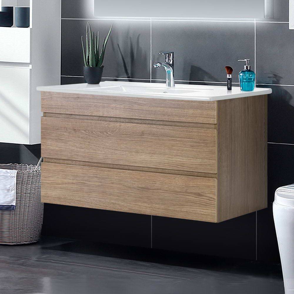 Cefito 900mm Bathroom Vanity Cabinet Wash Basin Unit Sink Storage Wall Mounted Oak White - SILBERSHELL™