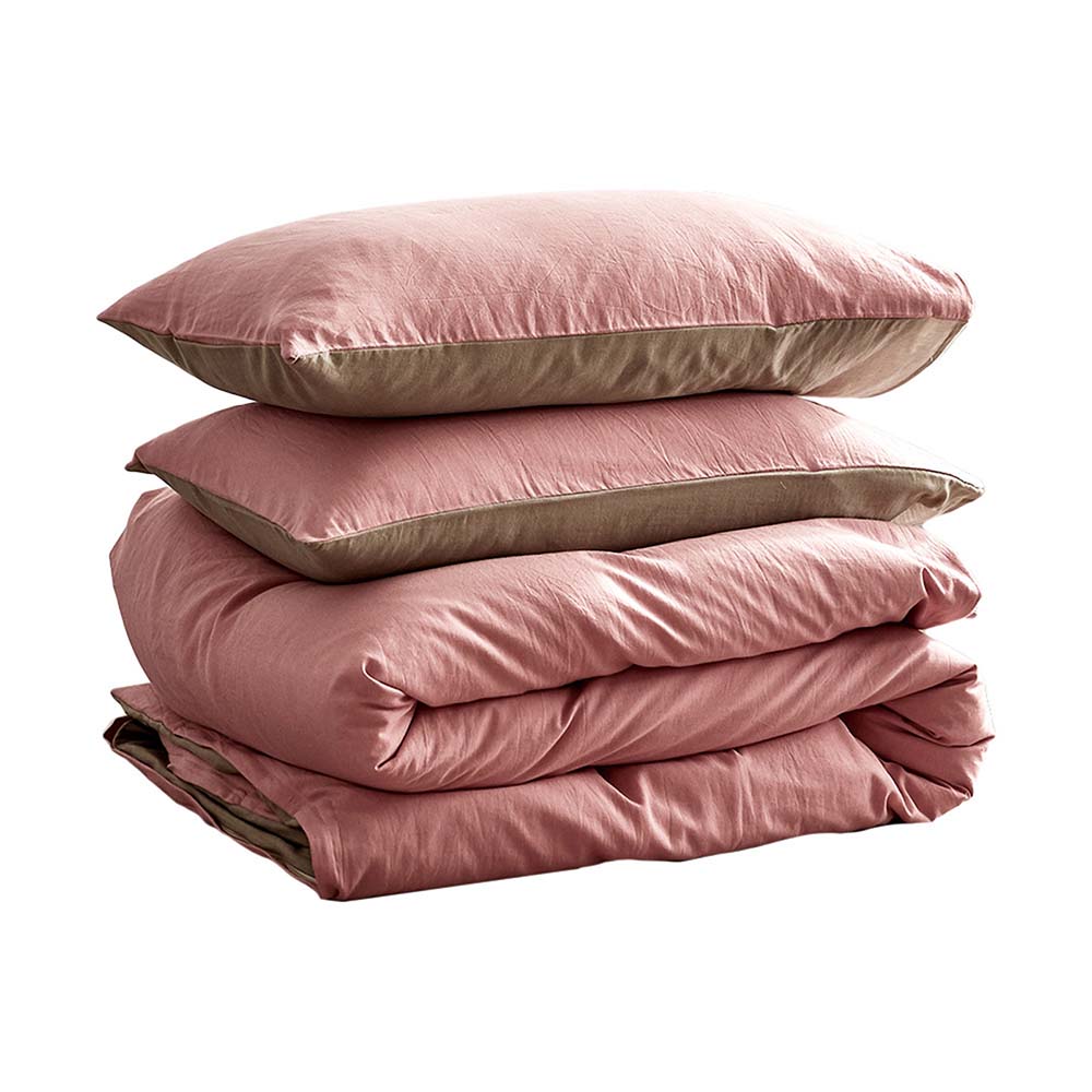 Cosy Club Washed Cotton Quilt Set Pink Brown Single - SILBERSHELL