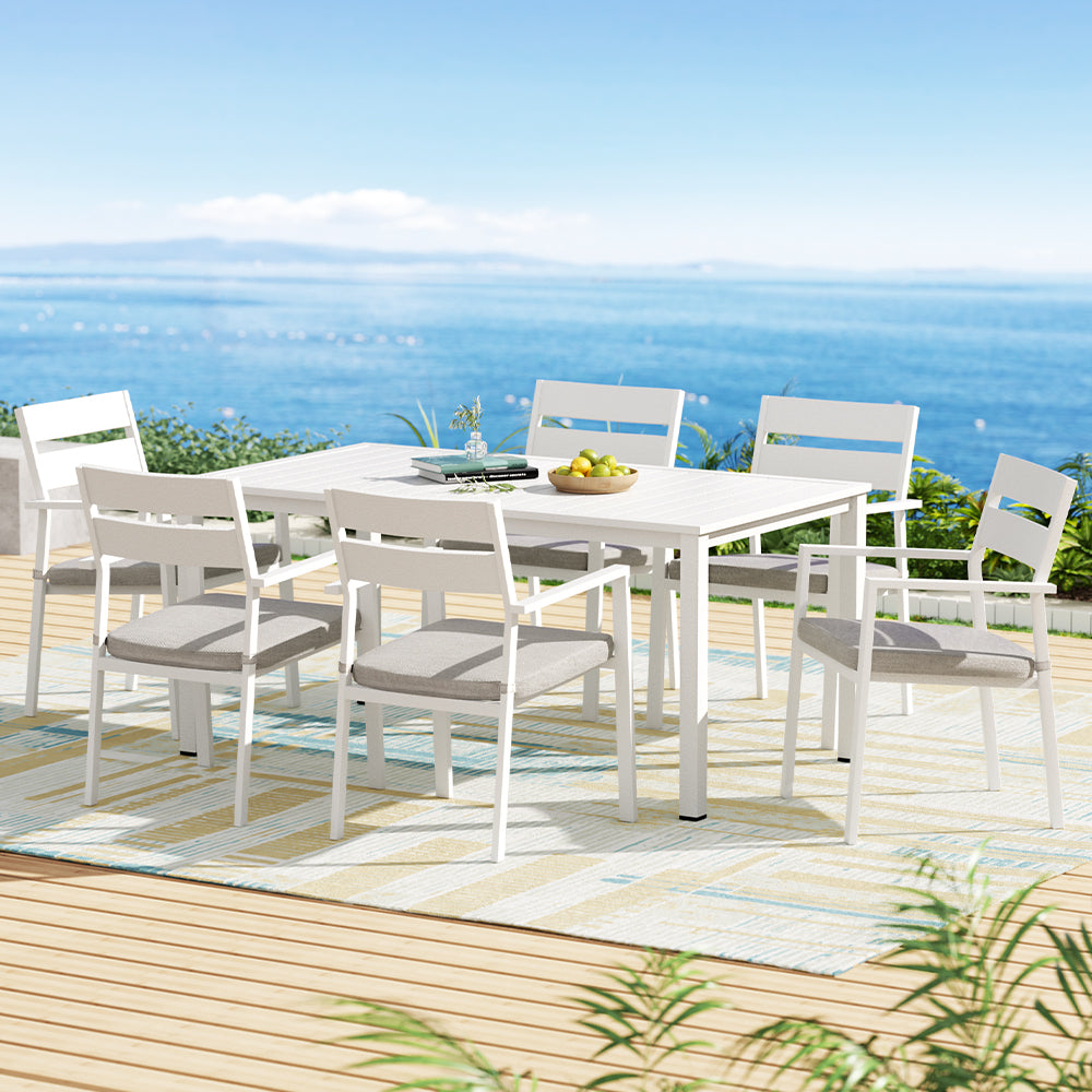 Gardeon Outdoor Dining Set 7 Piece Aluminum Table Chairs Setting White - SILBERSHELL