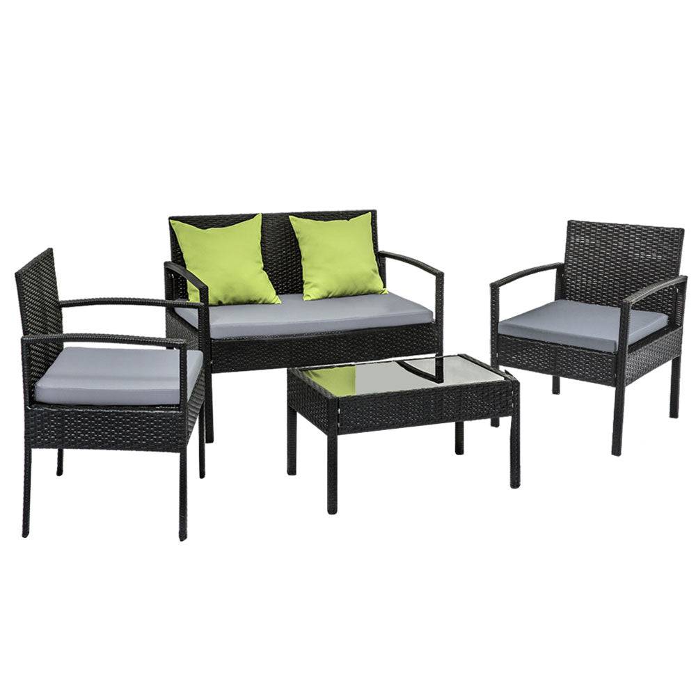 4 Seater Sofa Set Outdoor Furniture Lounge Setting Wicker Chairs Table Rattan Lounger Bistro Patio Garden Cushions Black - SILBERSHELL