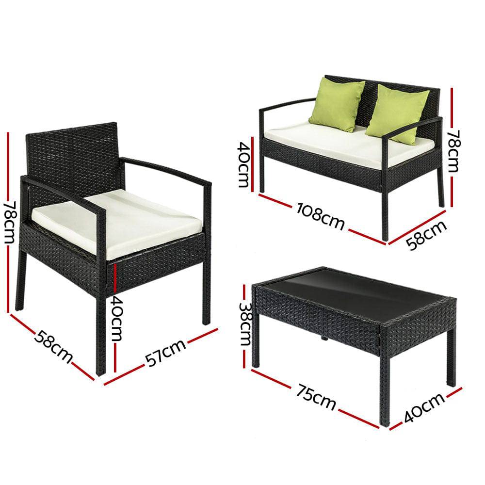 4 Seater Sofa Set Outdoor Furniture Lounge Setting Wicker Chairs Table Rattan Lounger Bistro Patio Garden Cushions Black - SILBERSHELL