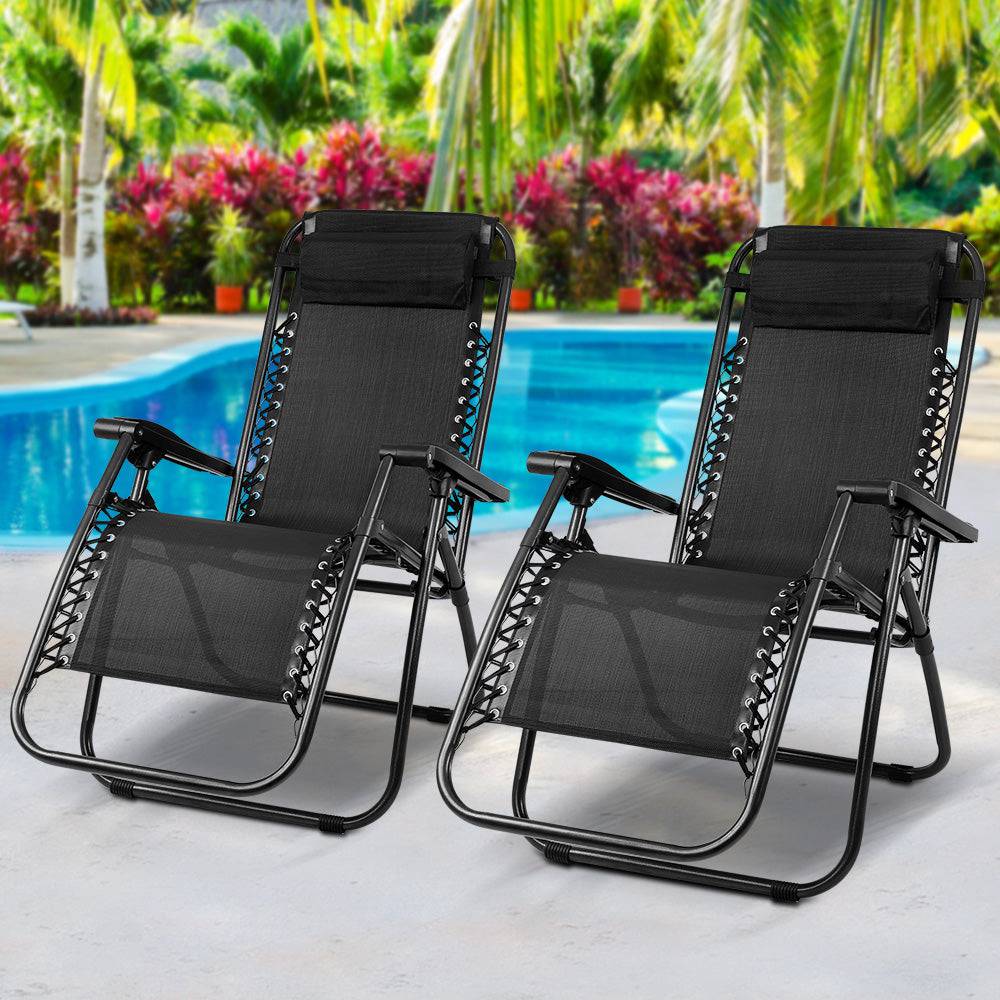 Gardeon Set of 2 Zero Gravity Chairs Reclining Outdoor Furniture Sun Lounge Folding Camping Lounger Black - SILBERSHELL™